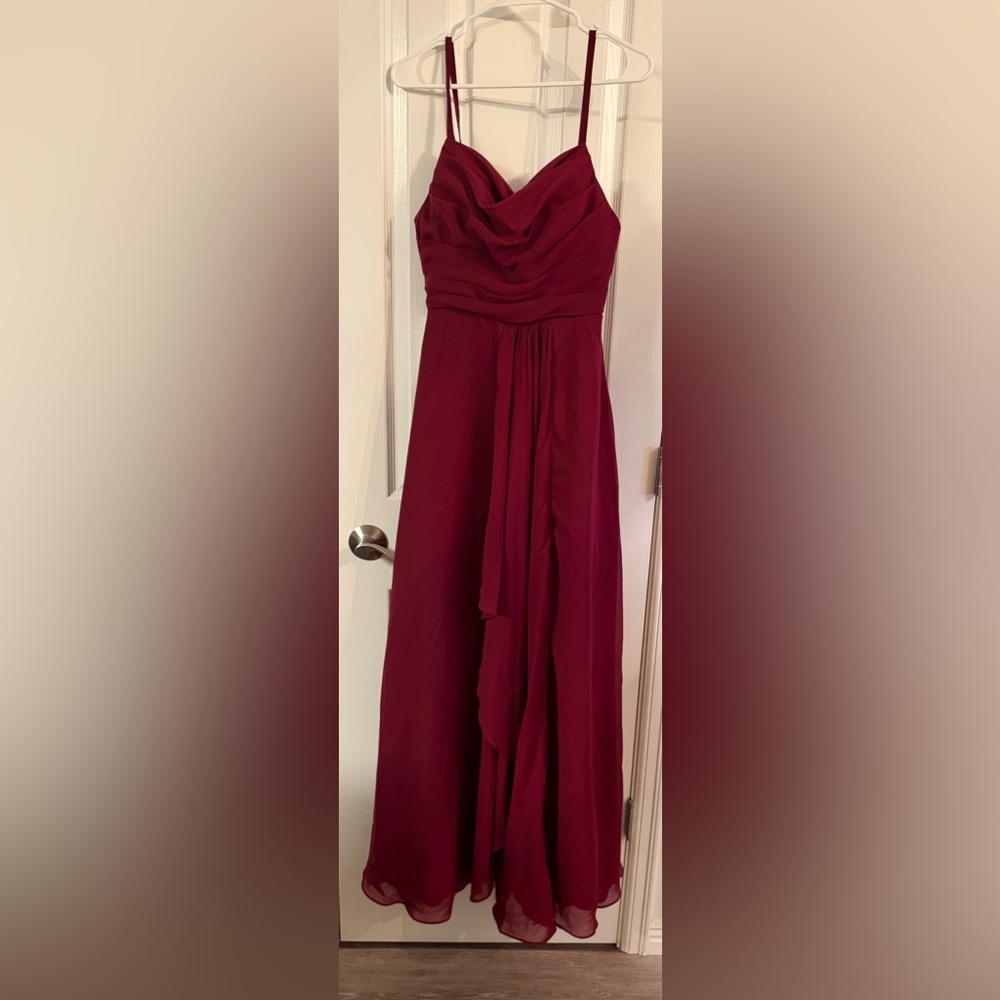 Flowing Wine-Red Formal Gown with Draped Bodice